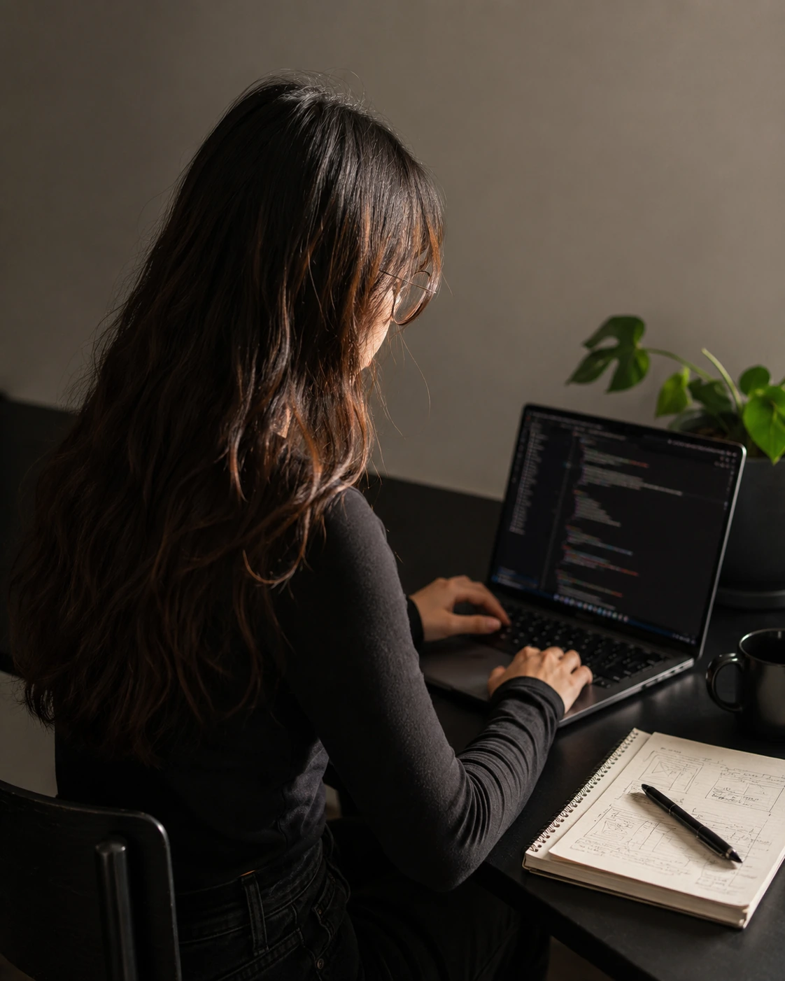 Sujen at a laptop, code on screen and wireframes sketched in a notebook alongside.